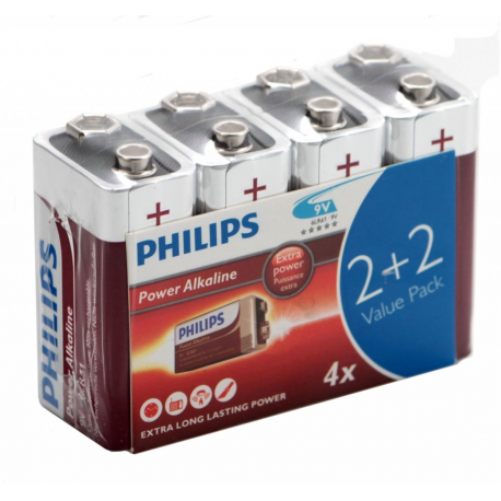 Lot de 4 piles bloc 9v (6lr61) philips power alkaline pas cher